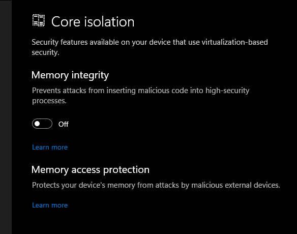 Disable 'Memory Integrity' in Core Isolation configuration in Windows