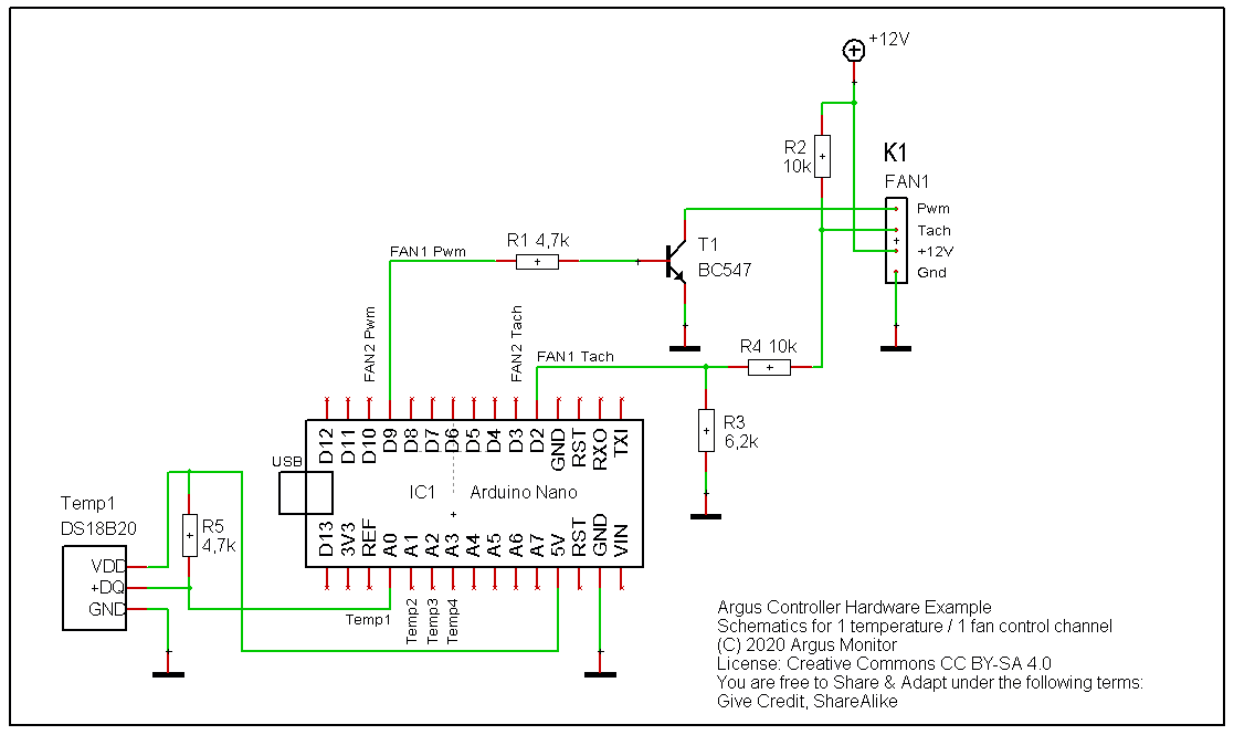 Argus Controller, Schaltplanbeispiel mit Arduino Nano, 1 Temperaturkanal, 1 Lüftersteuerkanal