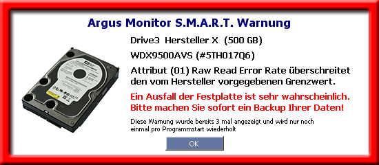 Argus Monitor S.M.A.R.T. Warnung vor Ausfall der Festplatte