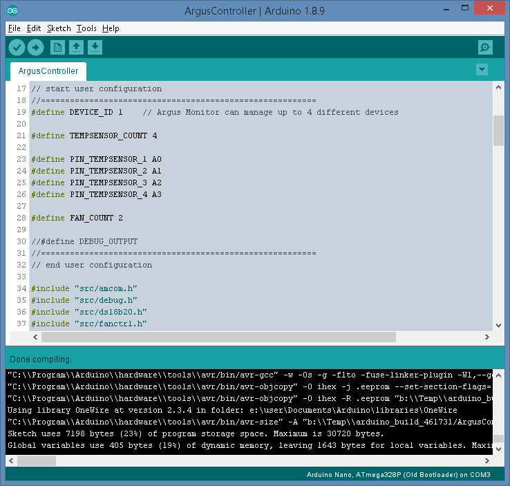 open hardware controller, Arduino IDE with the compiled sketch