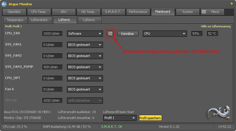 Location of button to open the advanced fan configuration options