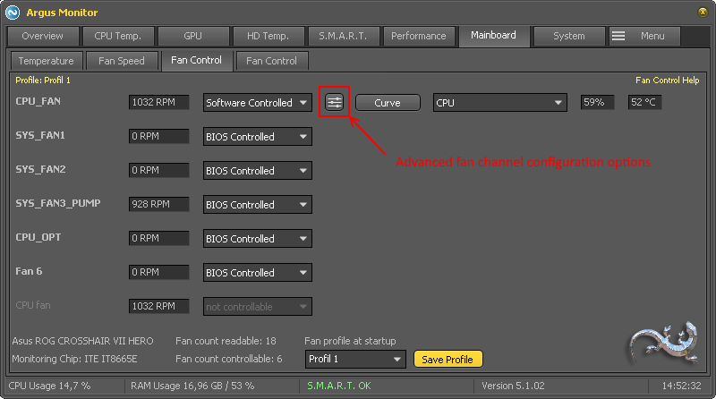 Location of button to open the advanced fan configuration options